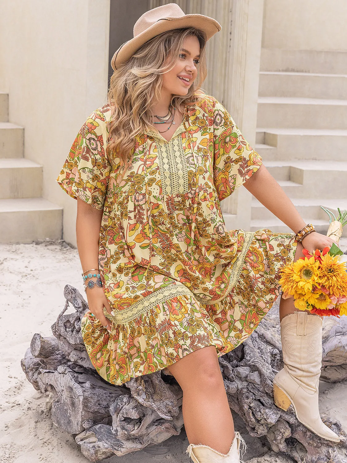 Plus Size Boho Printed Tie Neck Short Sleeve Mini Dress