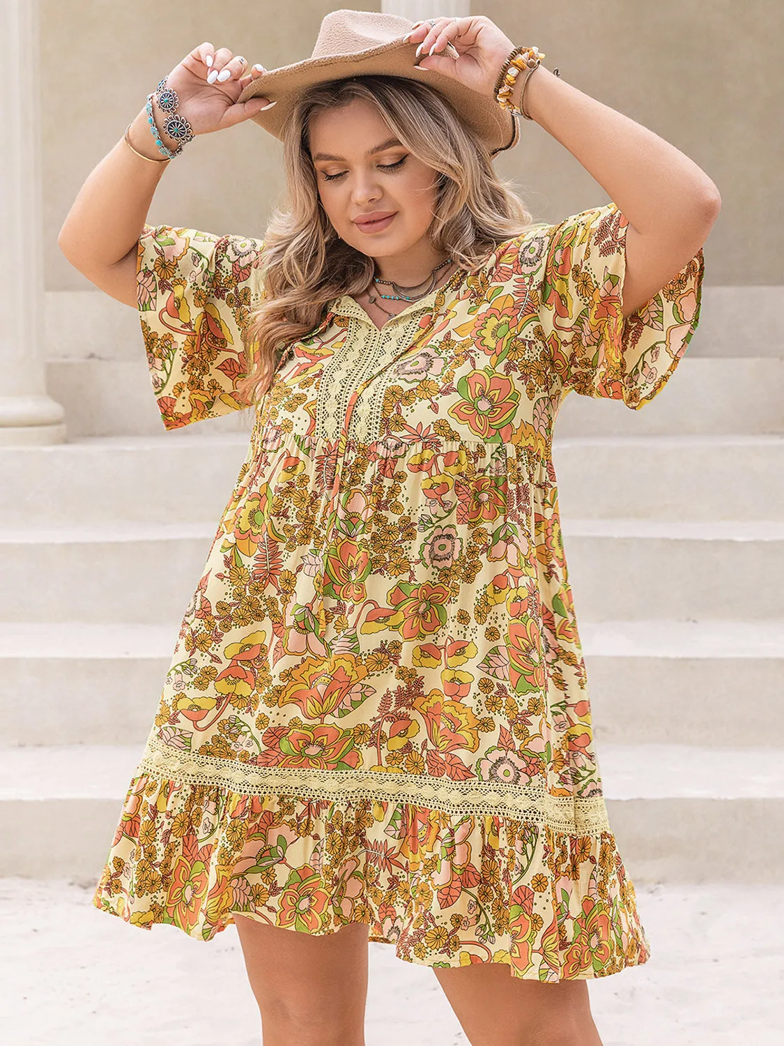 Plus Size Boho Printed Tie Neck Short Sleeve Mini Dress