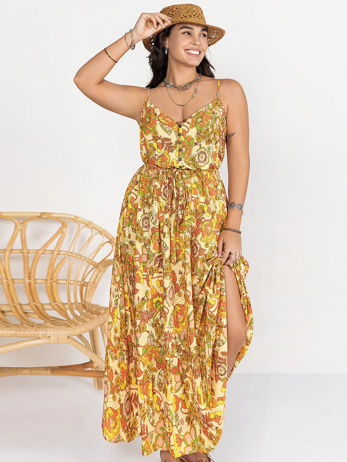 Plus Size Boho Printed V-Neck Maxi Cami Dress
