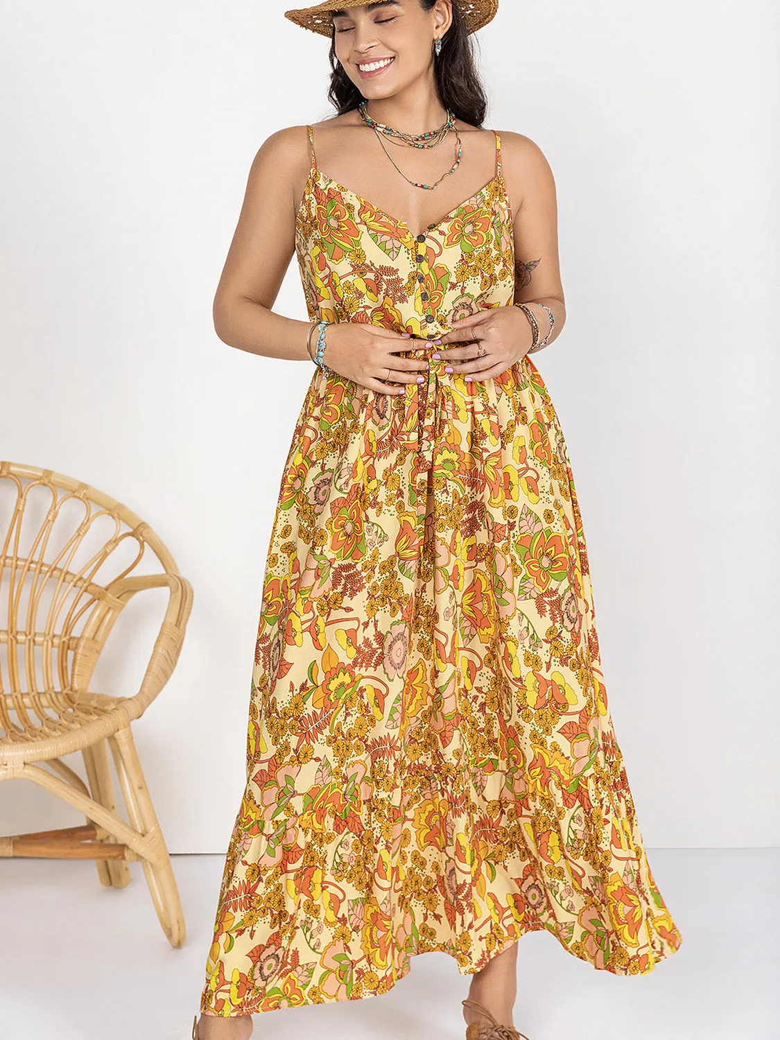 Plus Size Boho Printed V-Neck Maxi Cami Dress