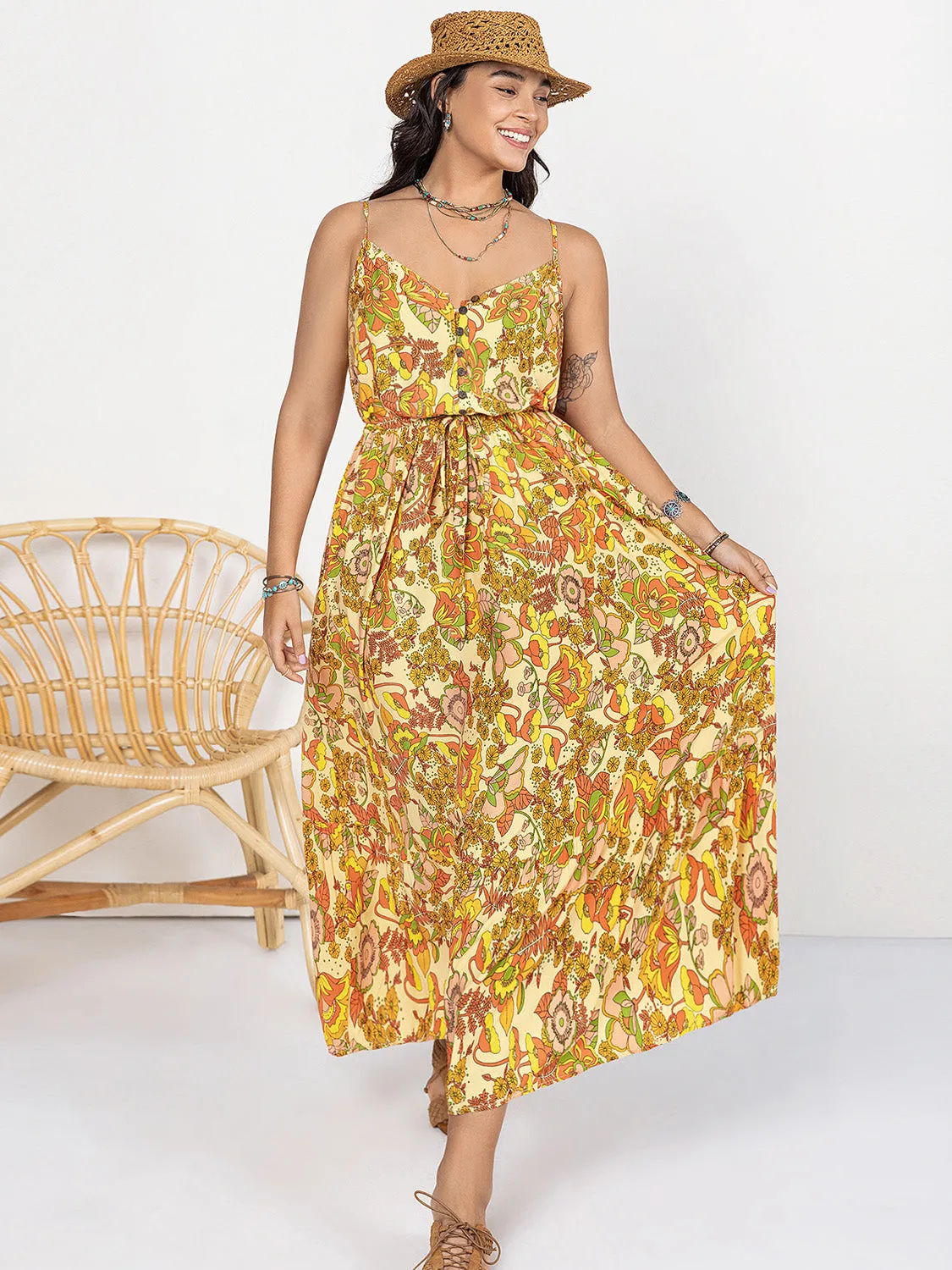 Plus Size Boho Printed V-Neck Maxi Cami Dress