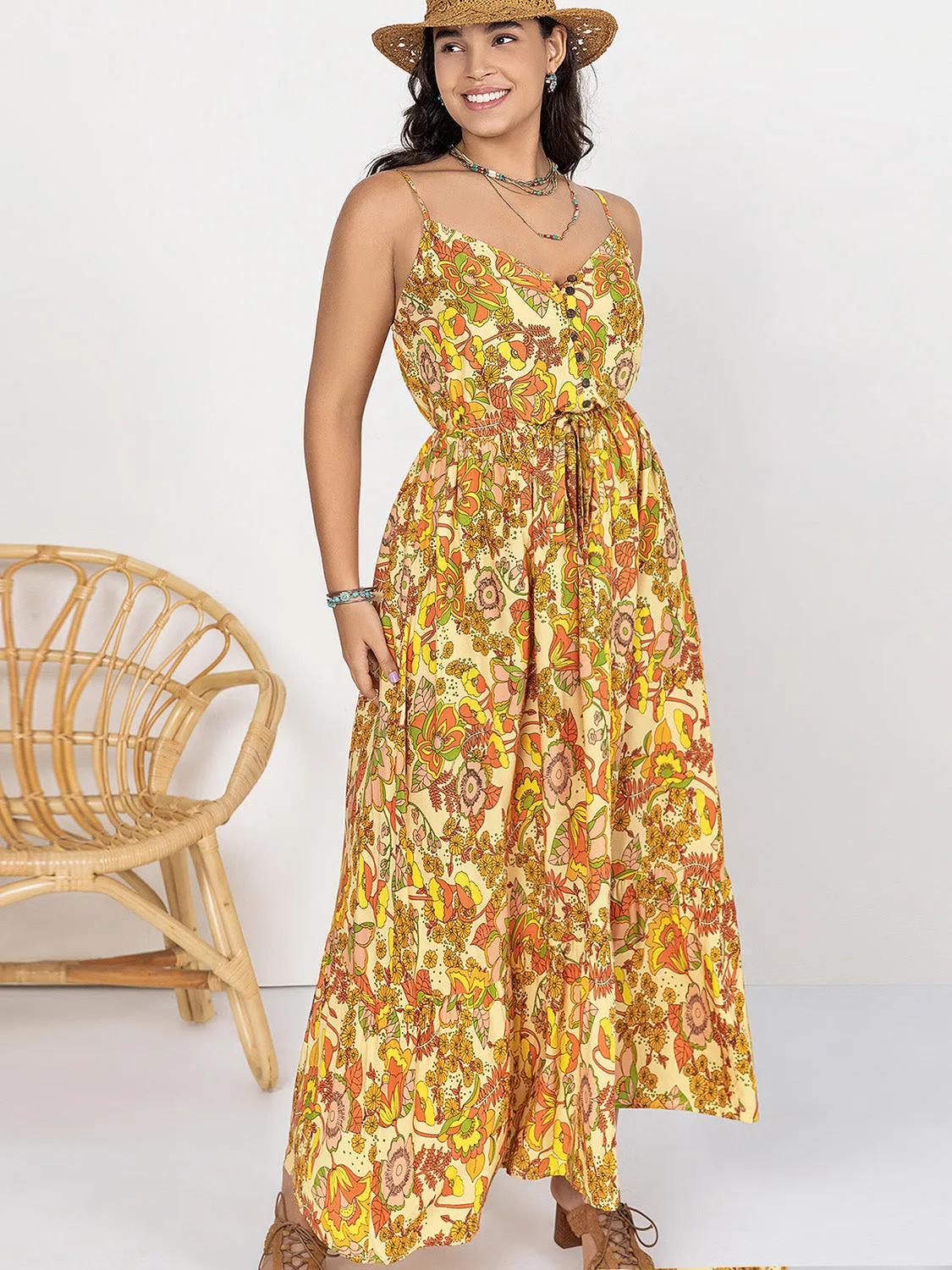 Plus Size Boho Printed V-Neck Maxi Cami Dress