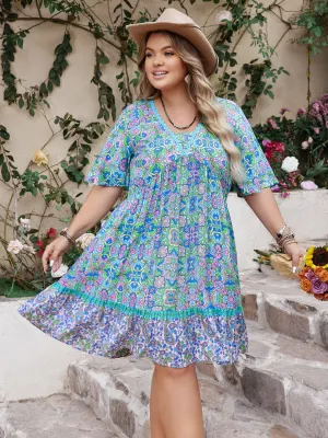 Plus Size Ruffled Hem Lace Detail Printed Half Sleeve Dress