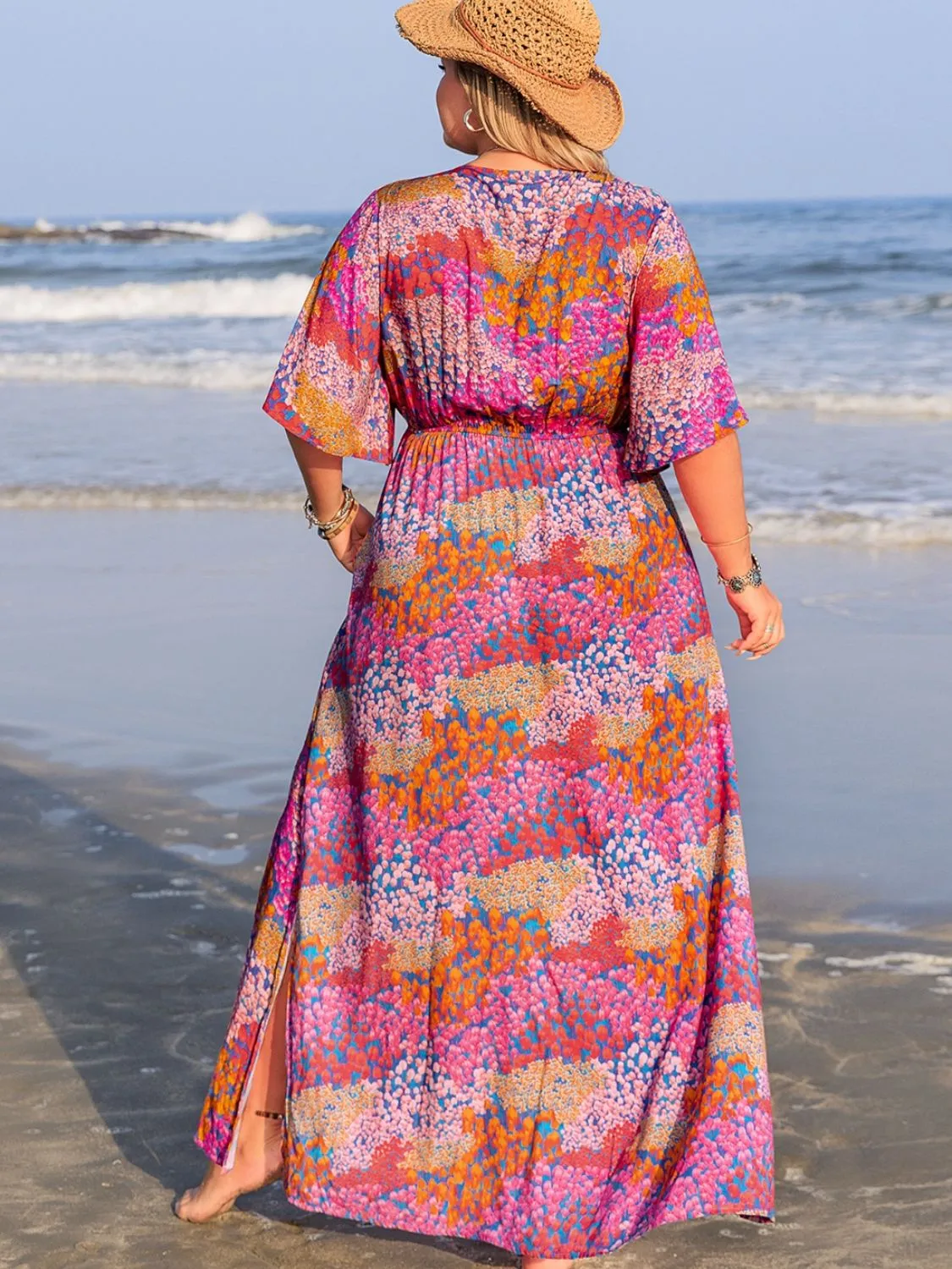 Plus Size Slit Floral Printed Half Sleeve Maxi Dress