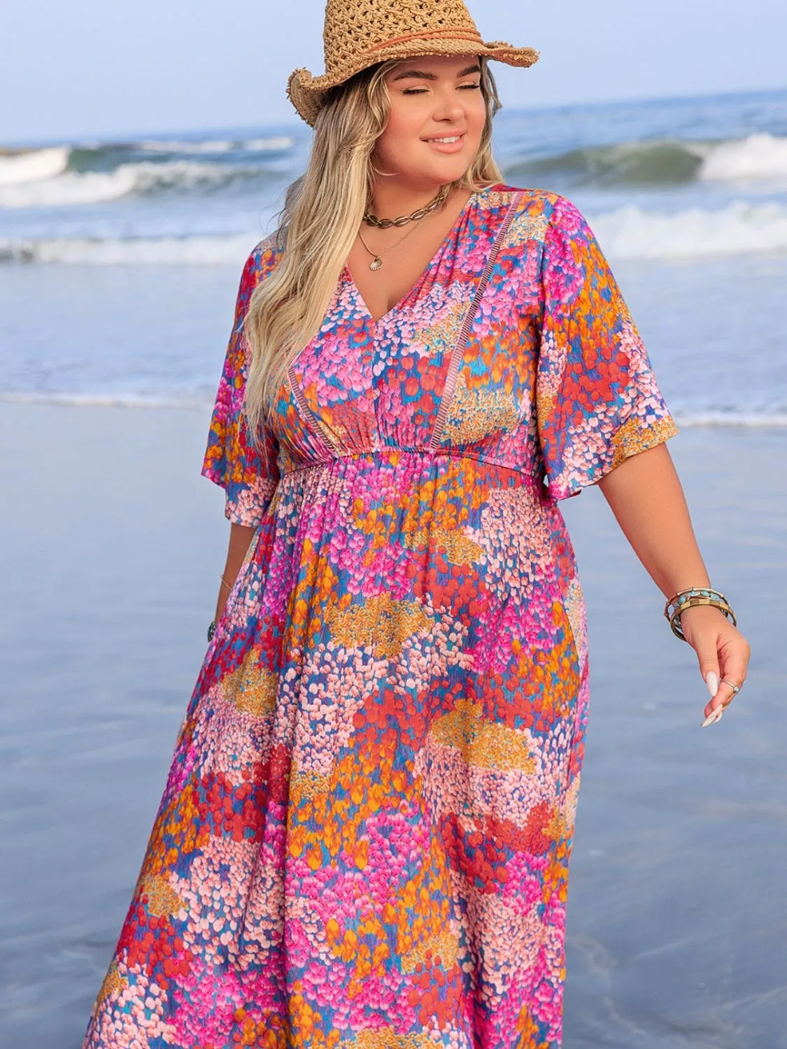 Plus Size Slit Floral Printed Half Sleeve Maxi Dress