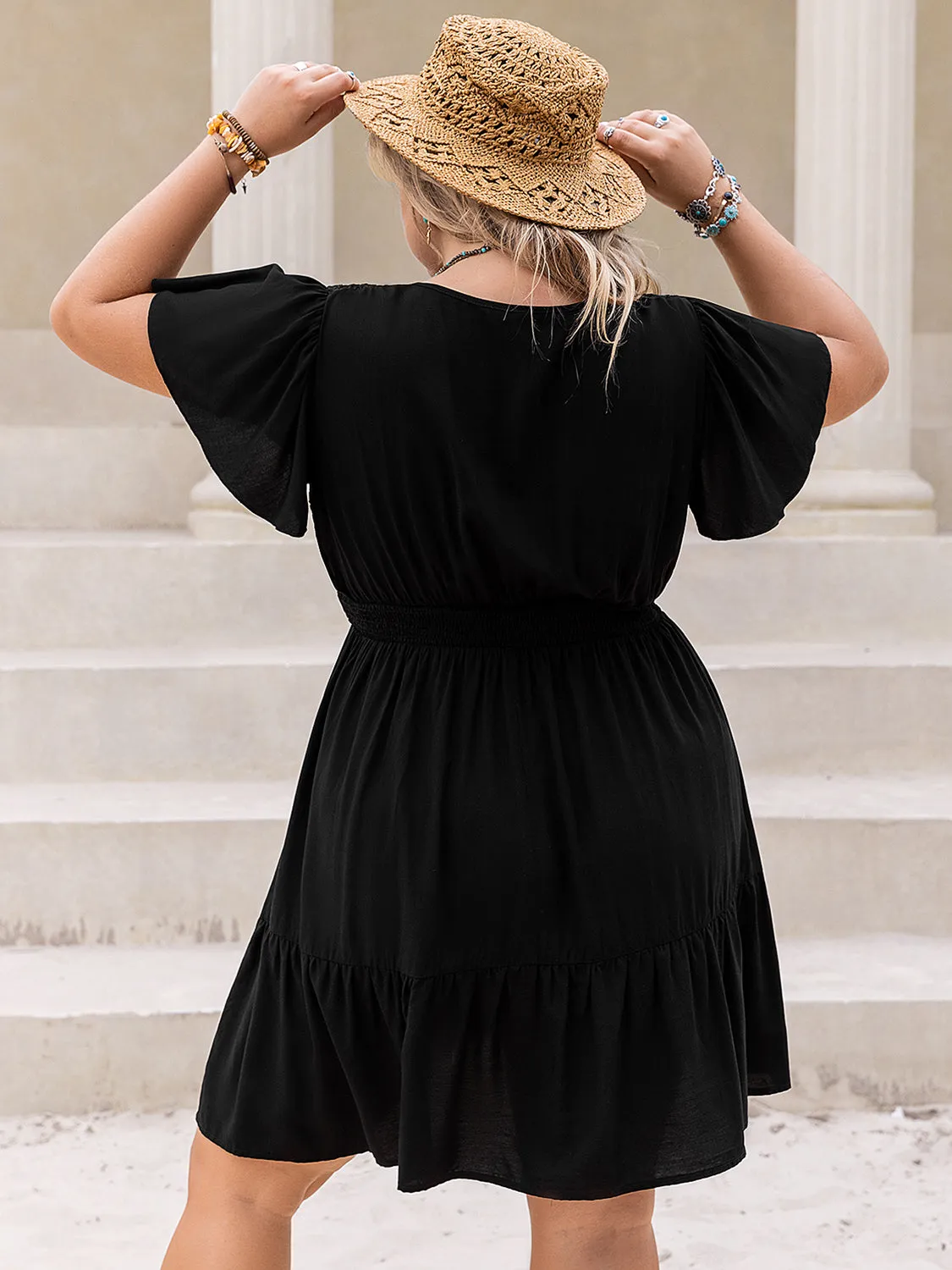Plus Size V-Neck Little Black Flutter Sleeve Mini Dress