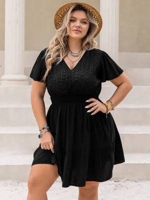Plus Size V-Neck Little Black Flutter Sleeve Mini Dress