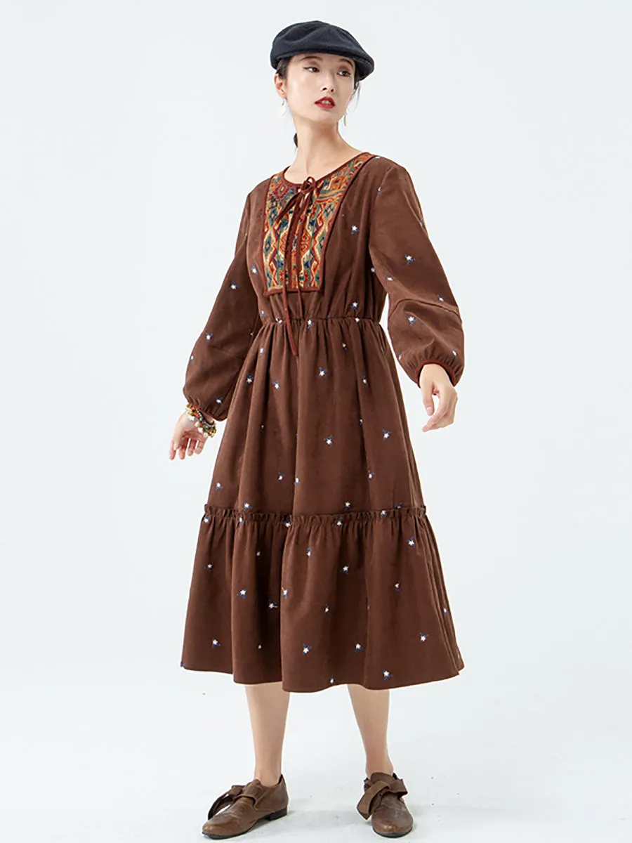 PLUS Size - Vintage Pocket Geometric Lace-up Midi Dress