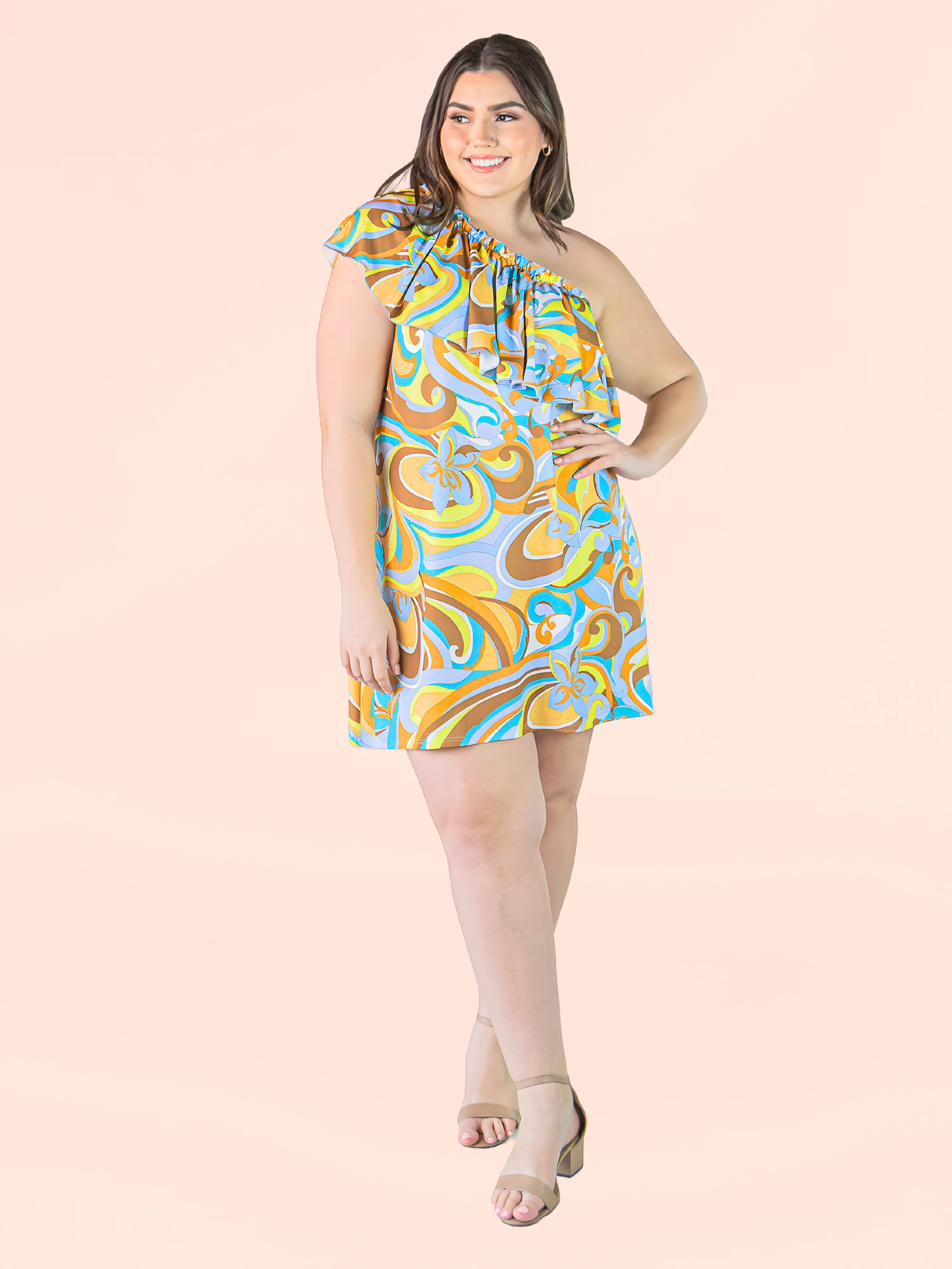 Plus Size Yellow Floral Print One ShoulderRuffle Mini Dress