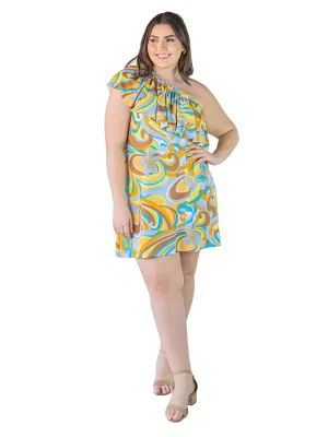 Plus Size Yellow Floral Print One ShoulderRuffle Mini Dress
