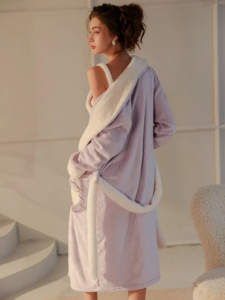 Plush Textured Robe Set with Bow Pocket Details