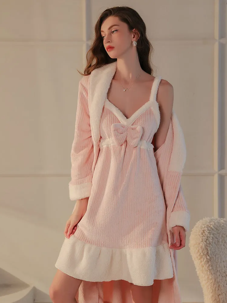 Plush Textured Robe Set with Bow Pocket Details