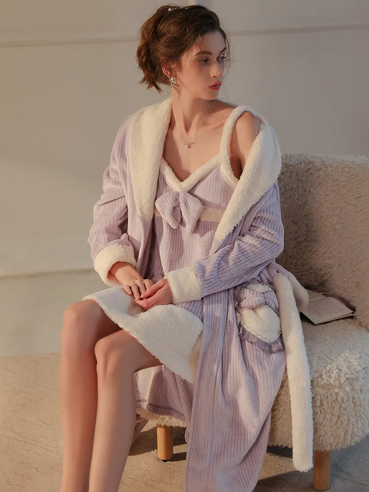 Plush Textured Robe Set with Bow Pocket Details