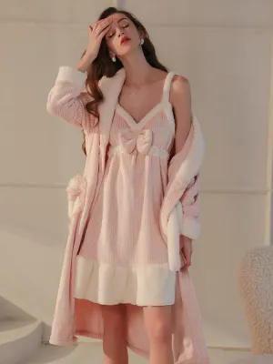 Plush Textured Robe Set with Bow Pocket Details