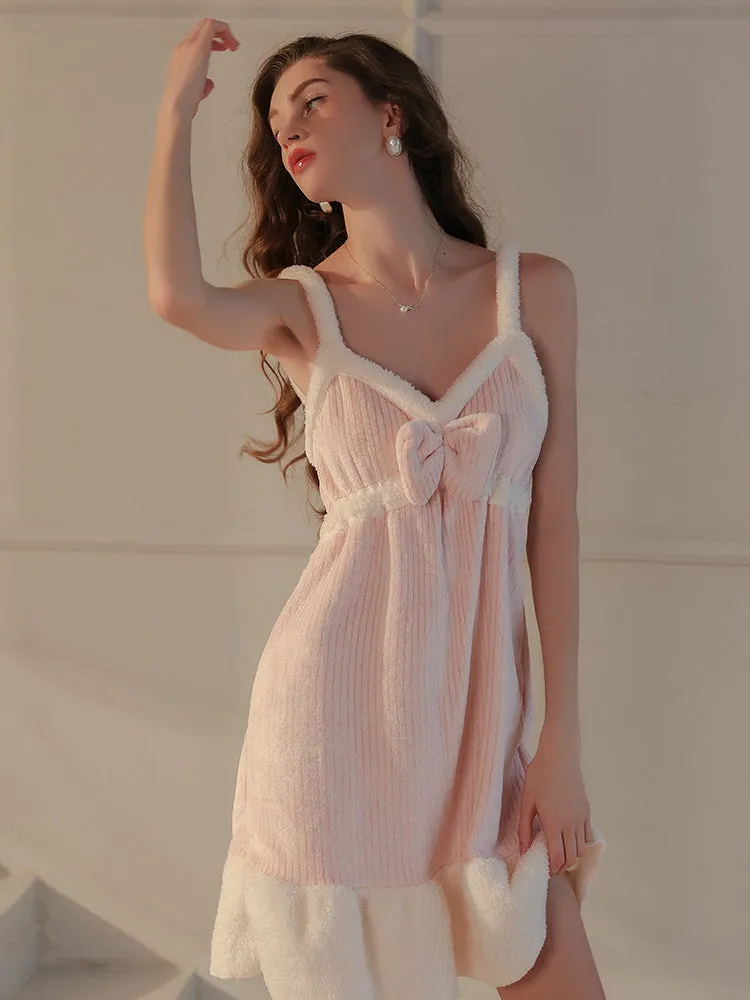 Plush Textured Robe Set with Bow Pocket Details