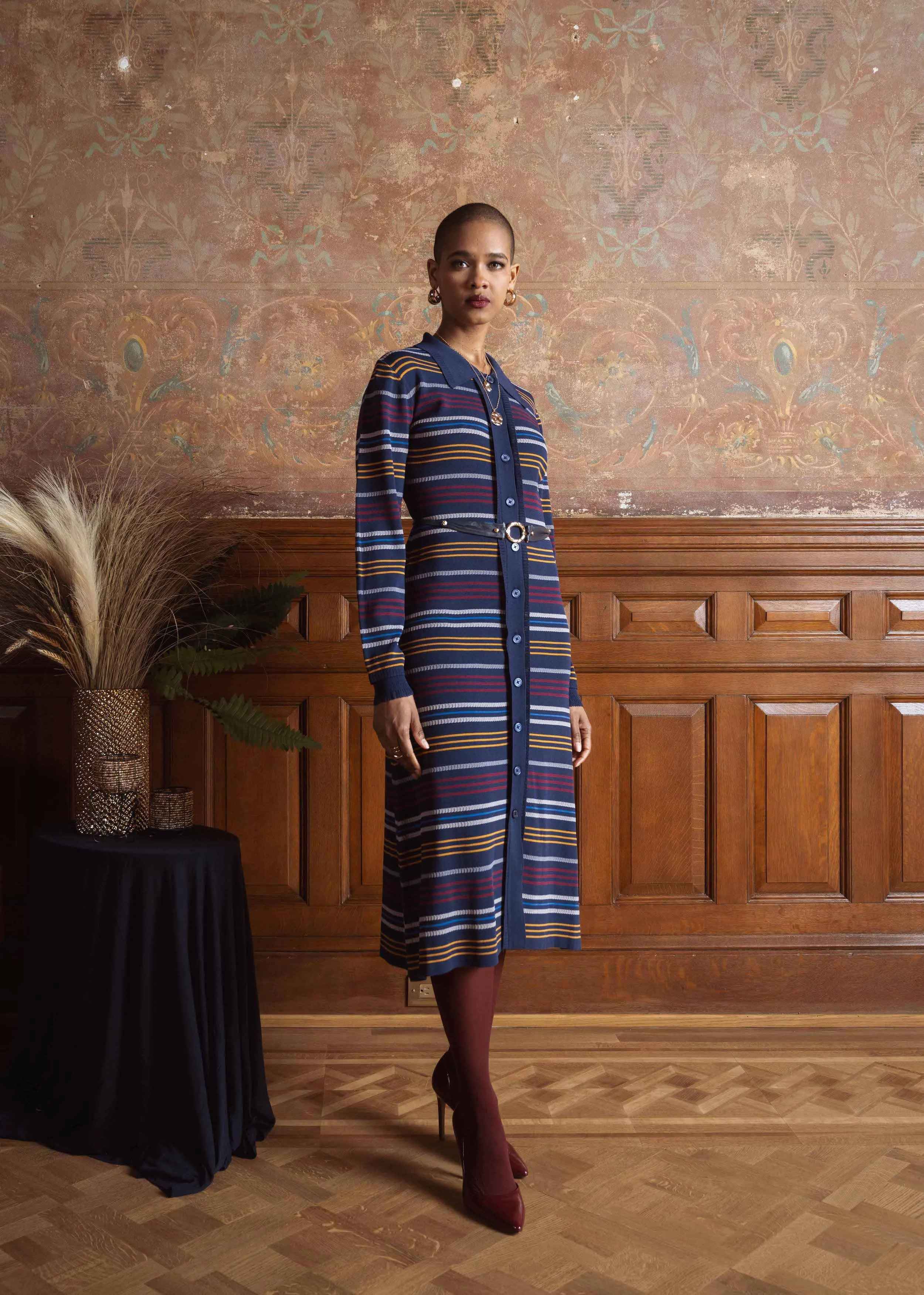 Pointelle Stripe Button Dress - Navy