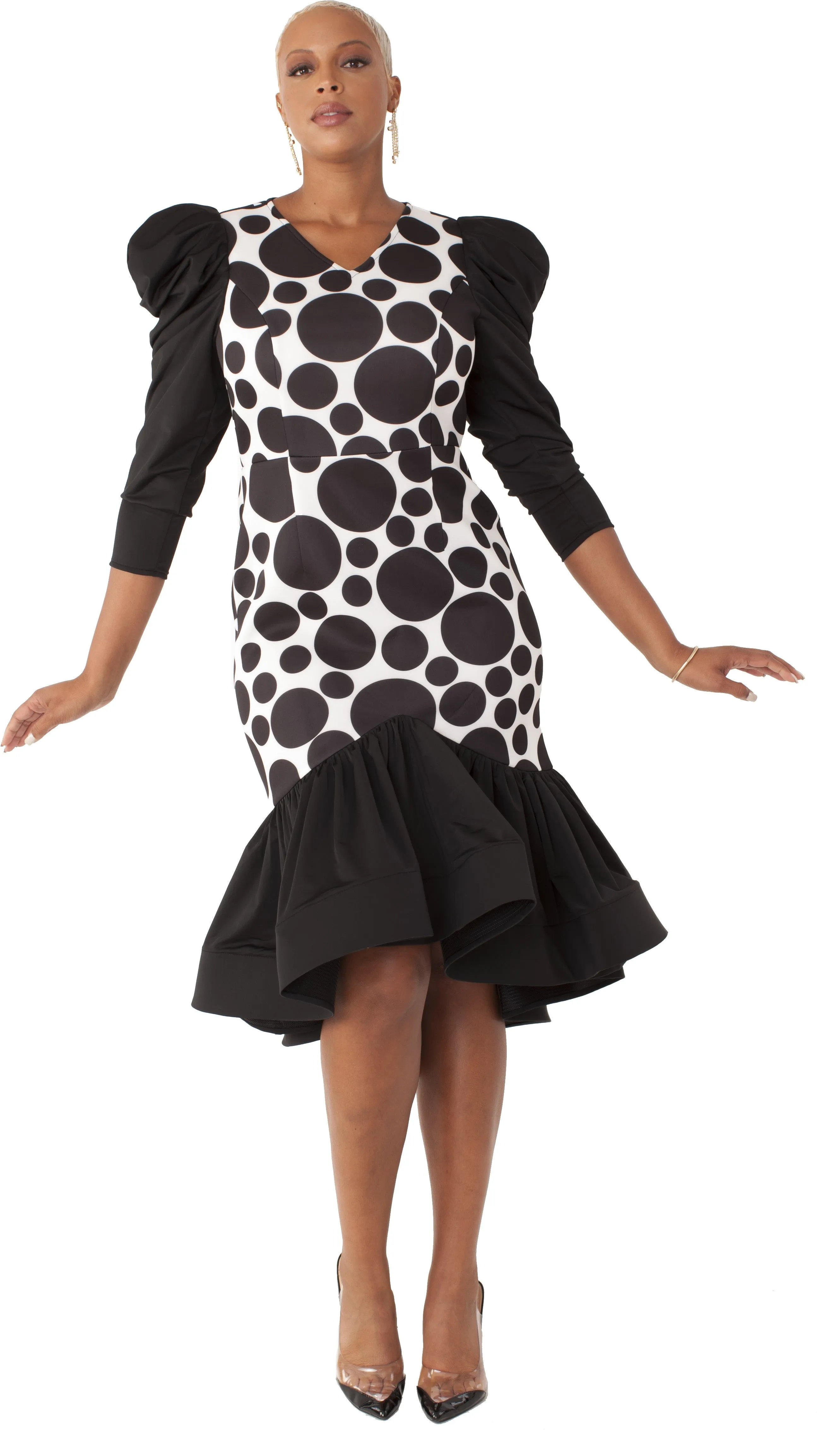 Polka Dot Dress with Puff Sleeves -82139