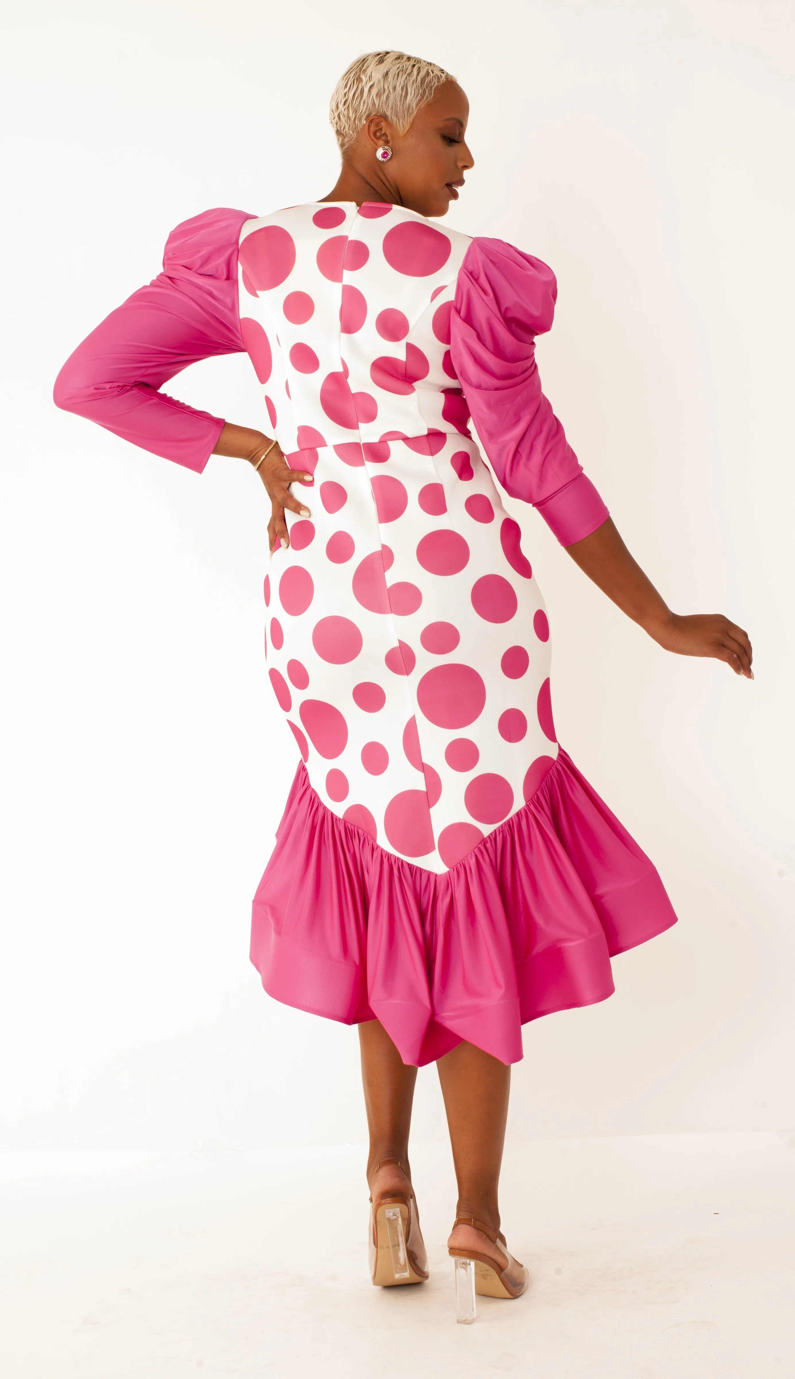 Polka Dot Dress with Puff Sleeves -82139