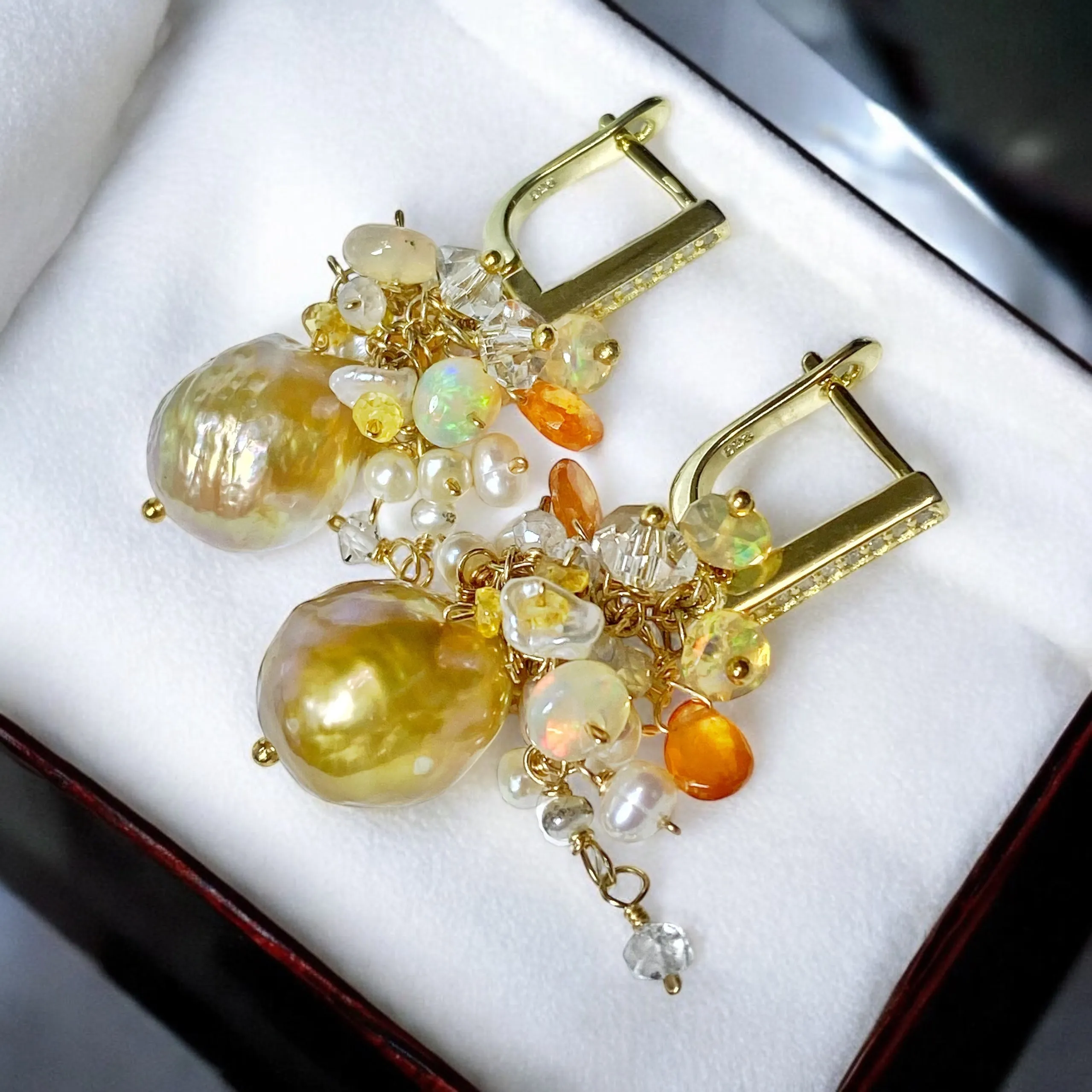Pond-slime Baroque Pearl and Gemstone Cluster Earrings 2