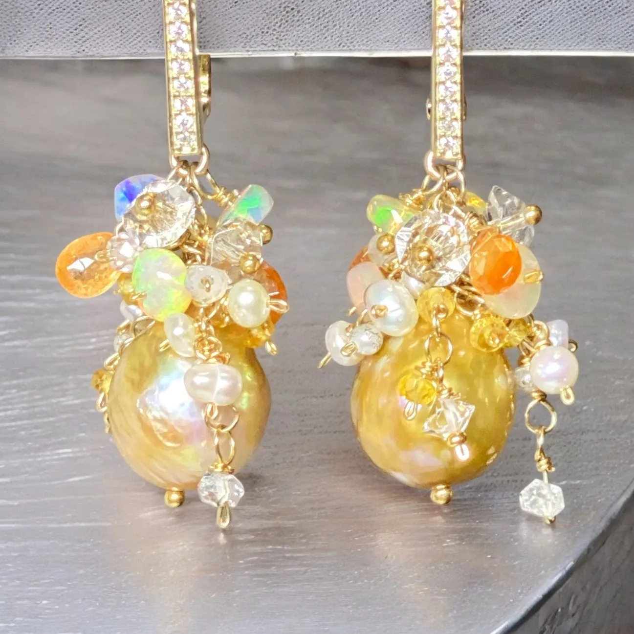 Pond-slime Baroque Pearl and Gemstone Cluster Earrings 2