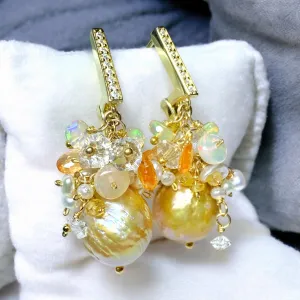 Pond-slime Baroque Pearl and Gemstone Cluster Earrings 2
