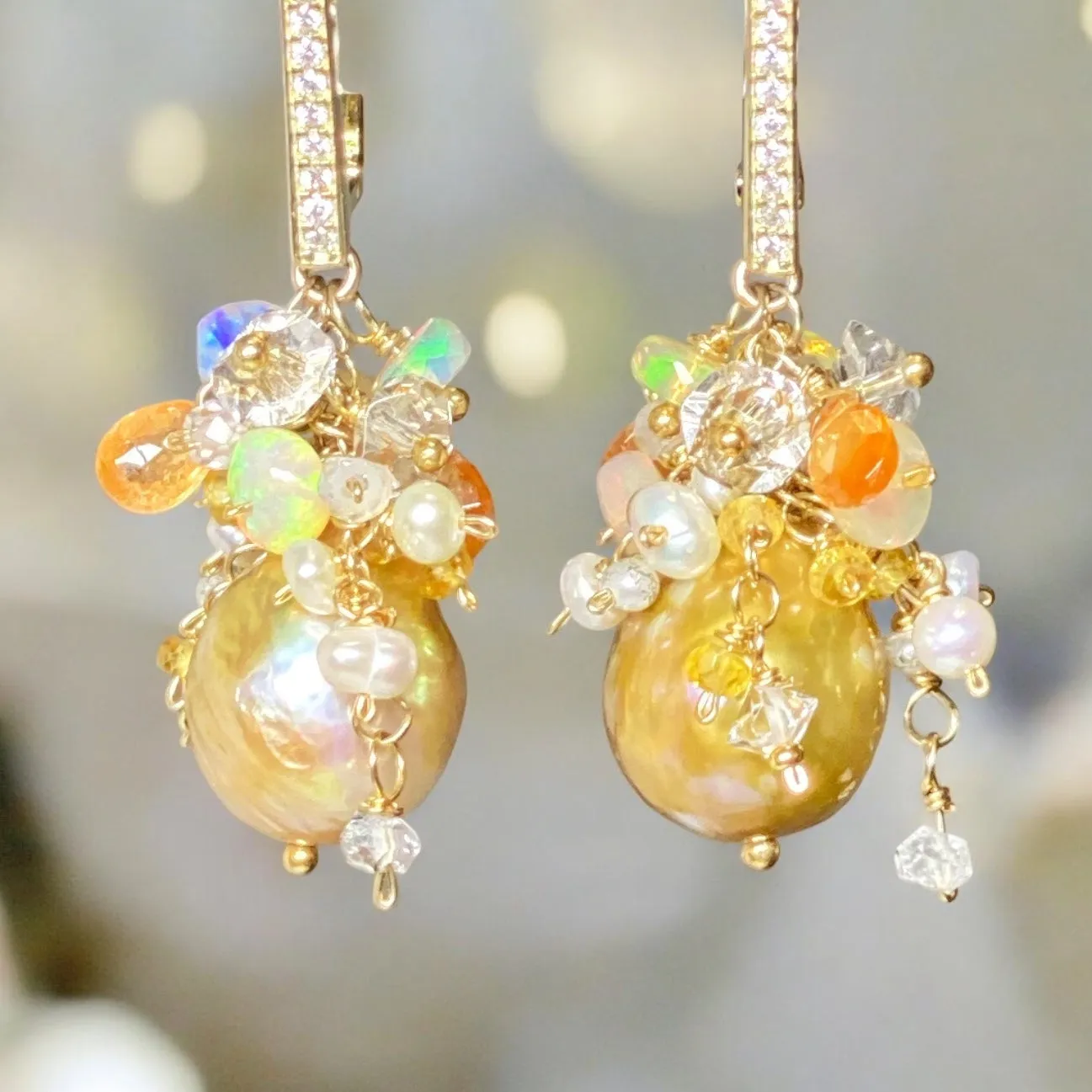 Pond-slime Baroque Pearl and Gemstone Cluster Earrings 2