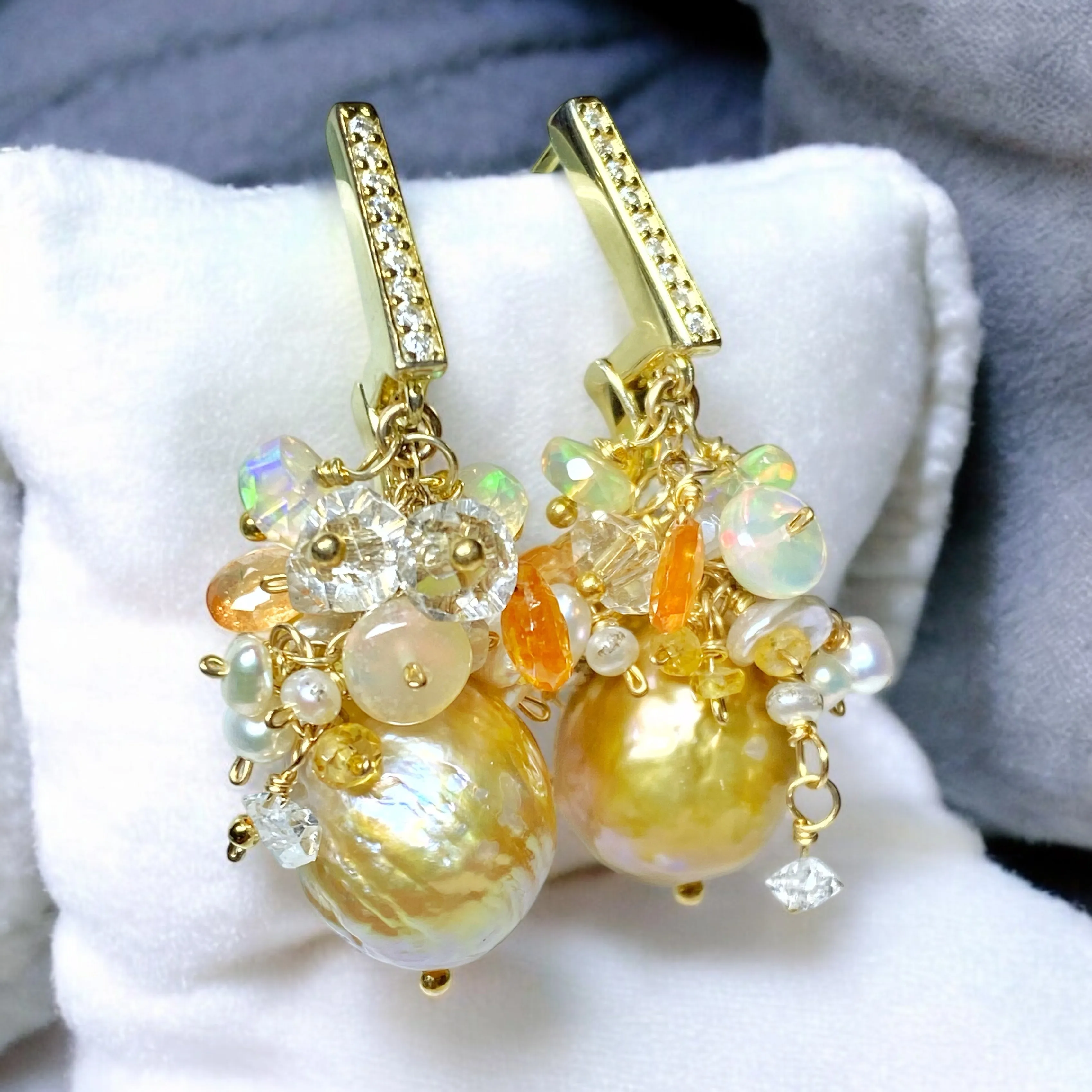 Pond-slime Baroque Pearl and Gemstone Cluster Earrings 2