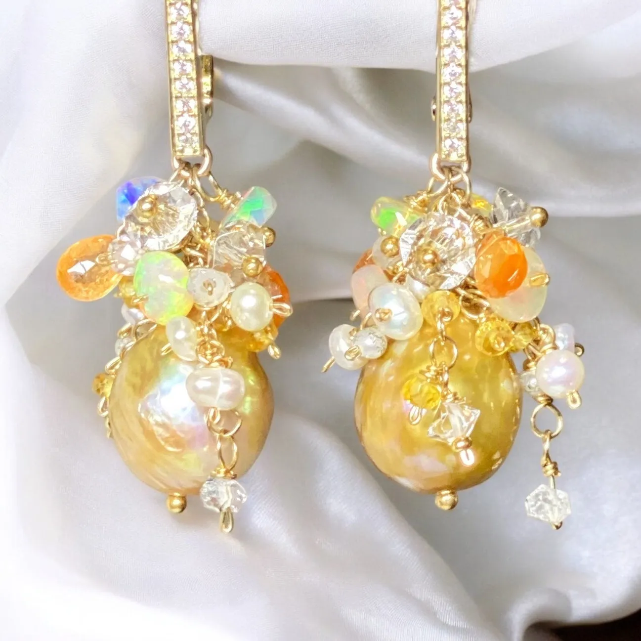 Pond-slime Baroque Pearl and Gemstone Cluster Earrings 2