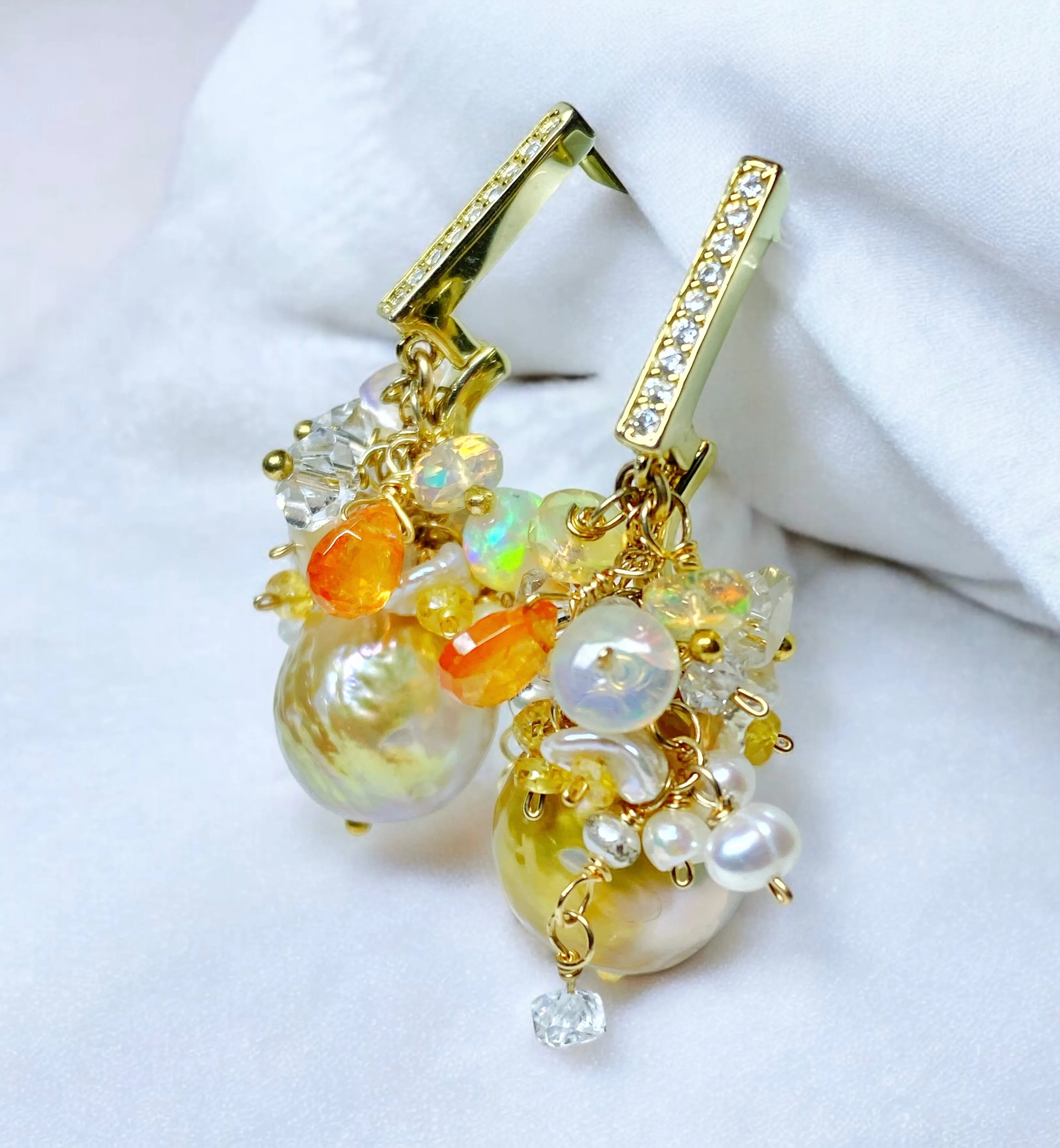 Pond-slime Baroque Pearl and Gemstone Cluster Earrings 2