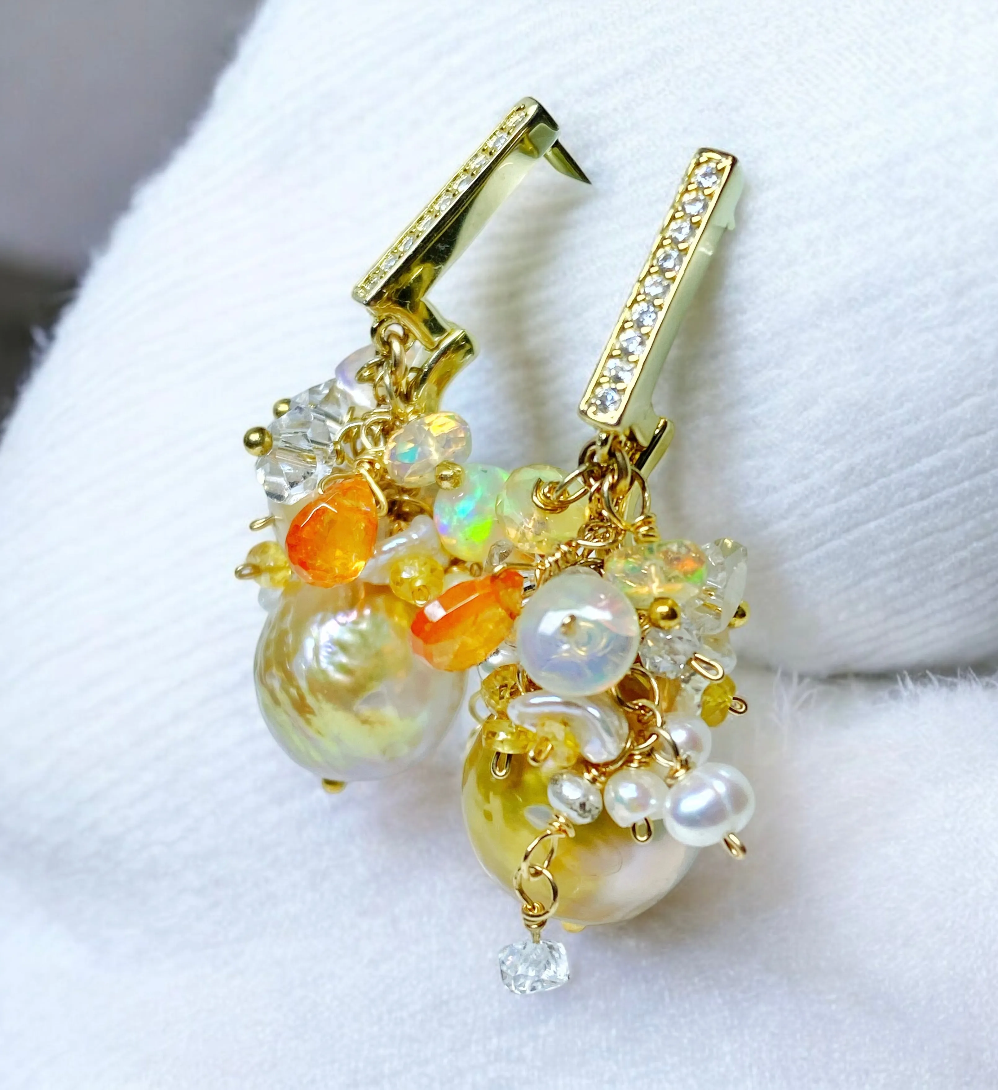 Pond-slime Baroque Pearl and Gemstone Cluster Earrings 2