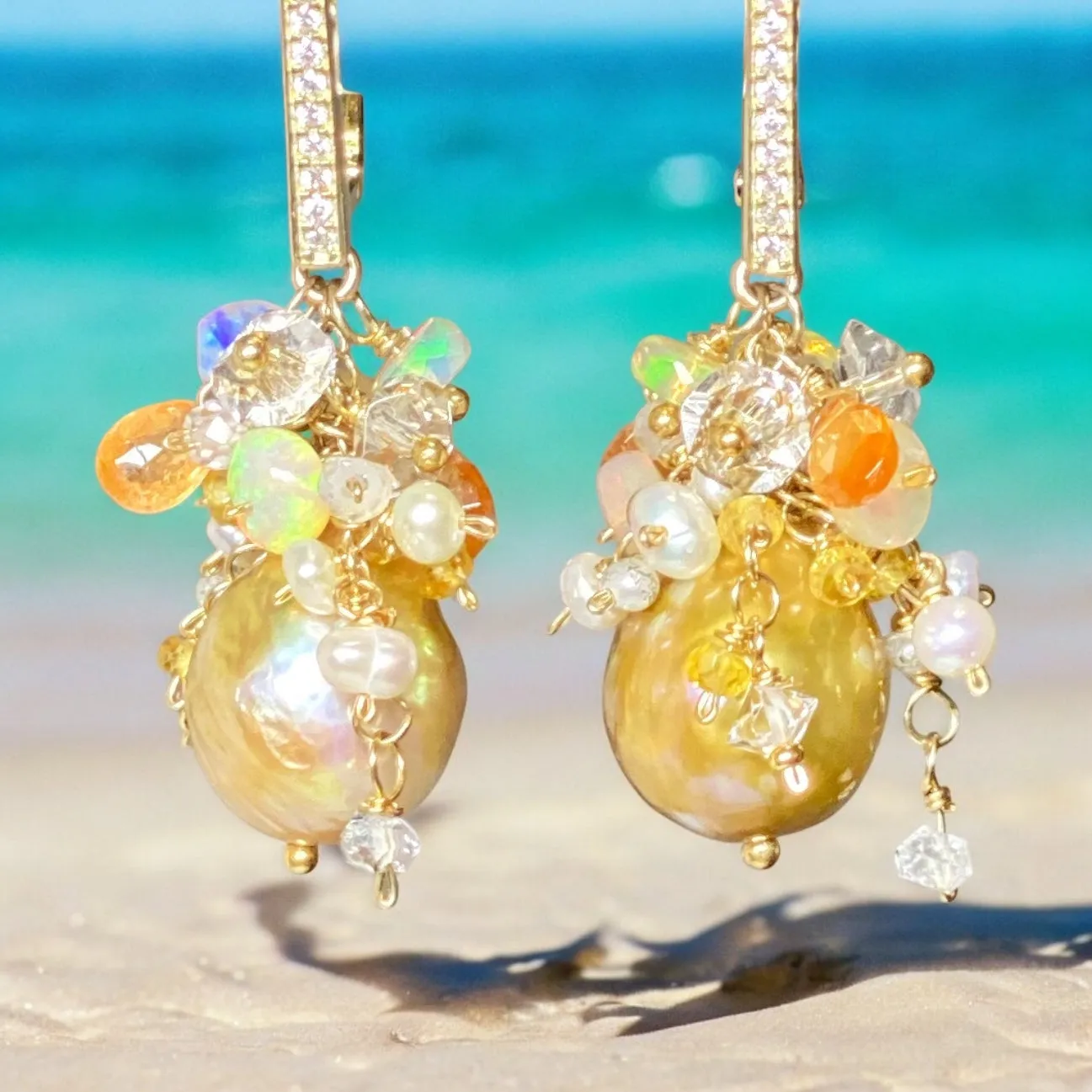 Pond-slime Baroque Pearl and Gemstone Cluster Earrings 2