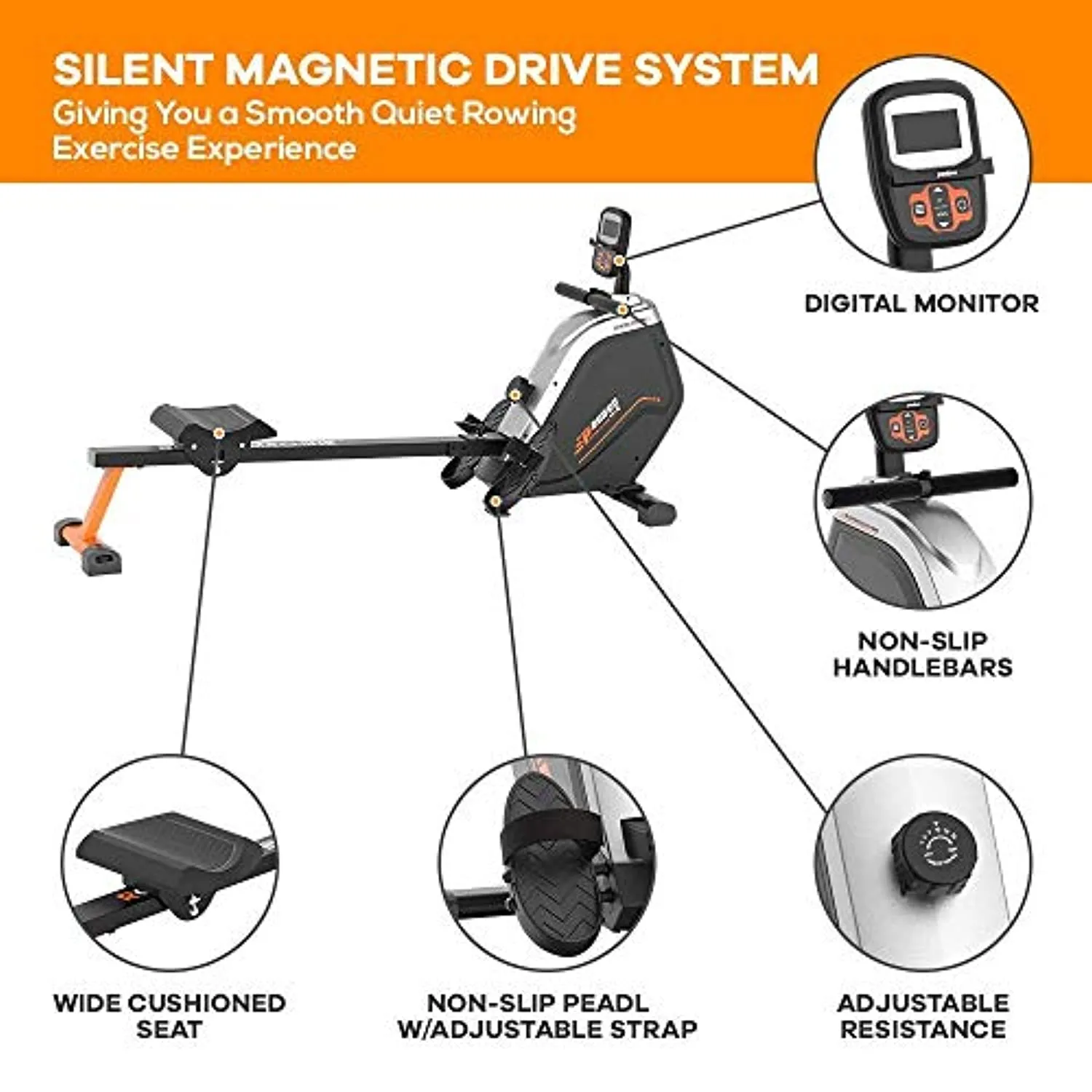 pooboo Magnetic Rowing Machines Rower Foldable with 16 Level Resistance Indoor Rower Machines with Digital Monitor & Transport Wheels for Home Use