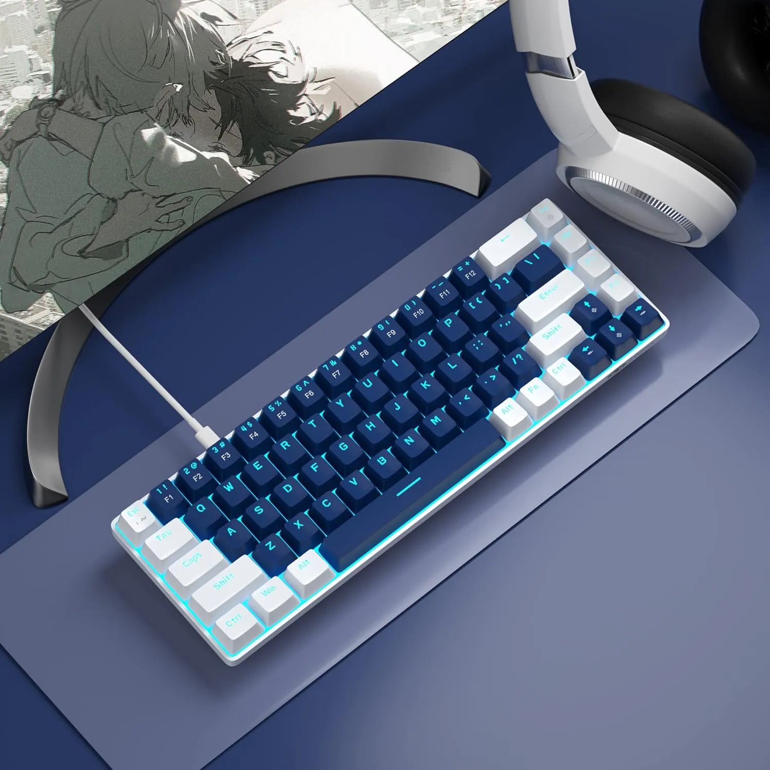 Portable Mechanical Gaming Keyboard LED Backlit Compact 68 Keyscaps
