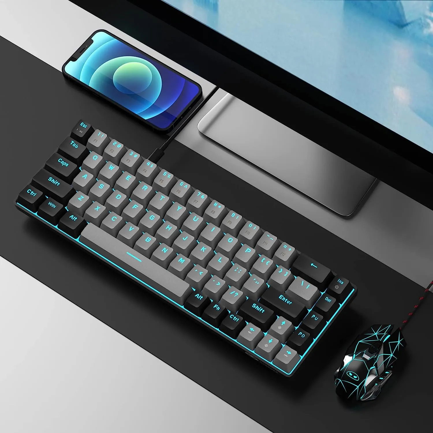 Portable Mechanical Gaming Keyboard LED Backlit Compact 68 Keyscaps