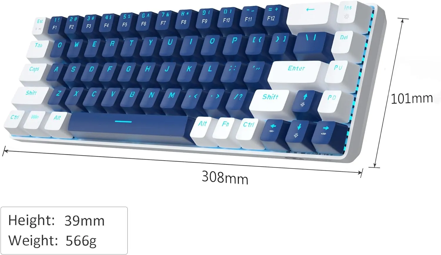 Portable Mechanical Gaming Keyboard LED Backlit Compact 68 Keyscaps