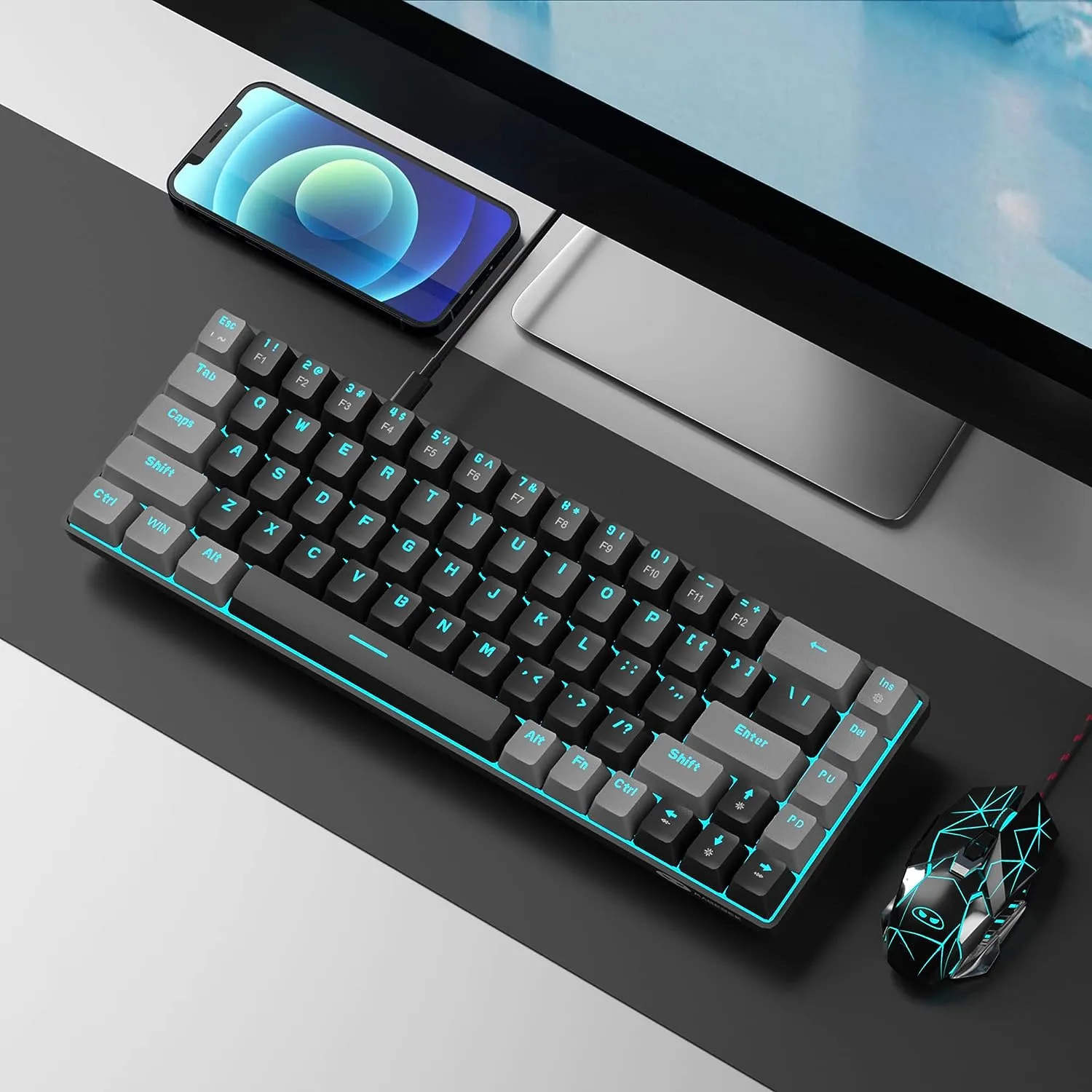Portable Mechanical Gaming Keyboard LED Backlit Compact 68 Keyscaps