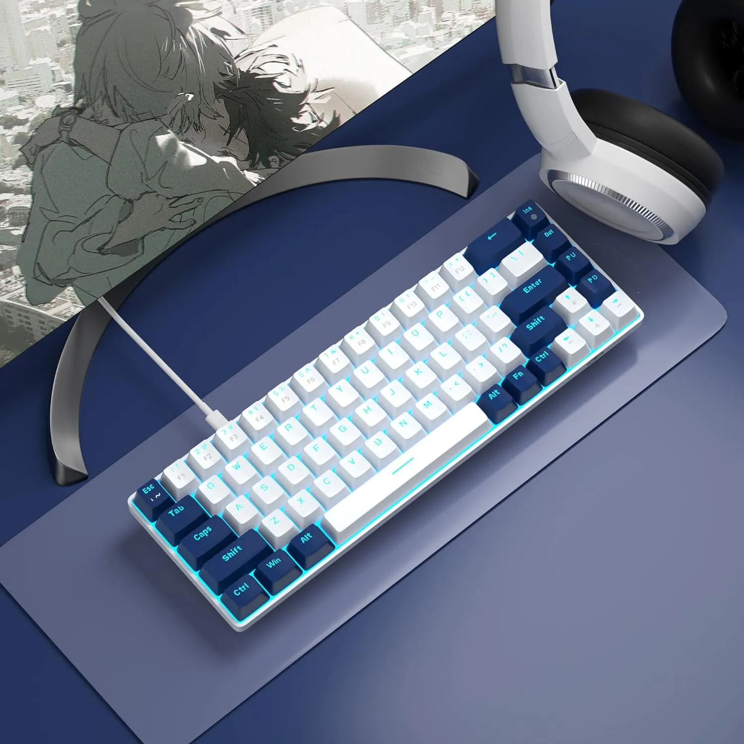 Portable Mechanical Gaming Keyboard LED Backlit Compact 68 Keyscaps