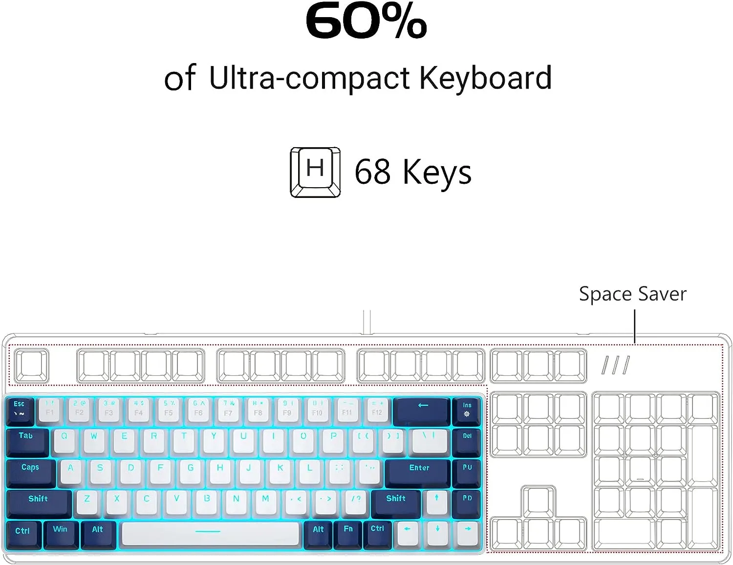 Portable Mechanical Gaming Keyboard LED Backlit Compact 68 Keyscaps