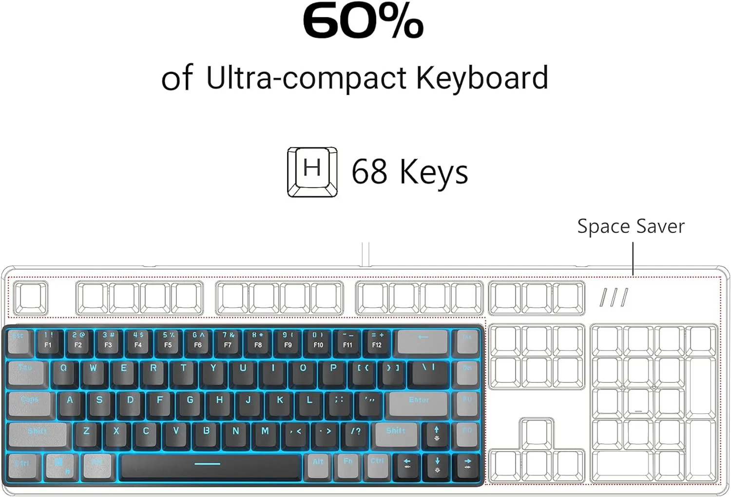 Portable Mechanical Gaming Keyboard LED Backlit Compact 68 Keyscaps