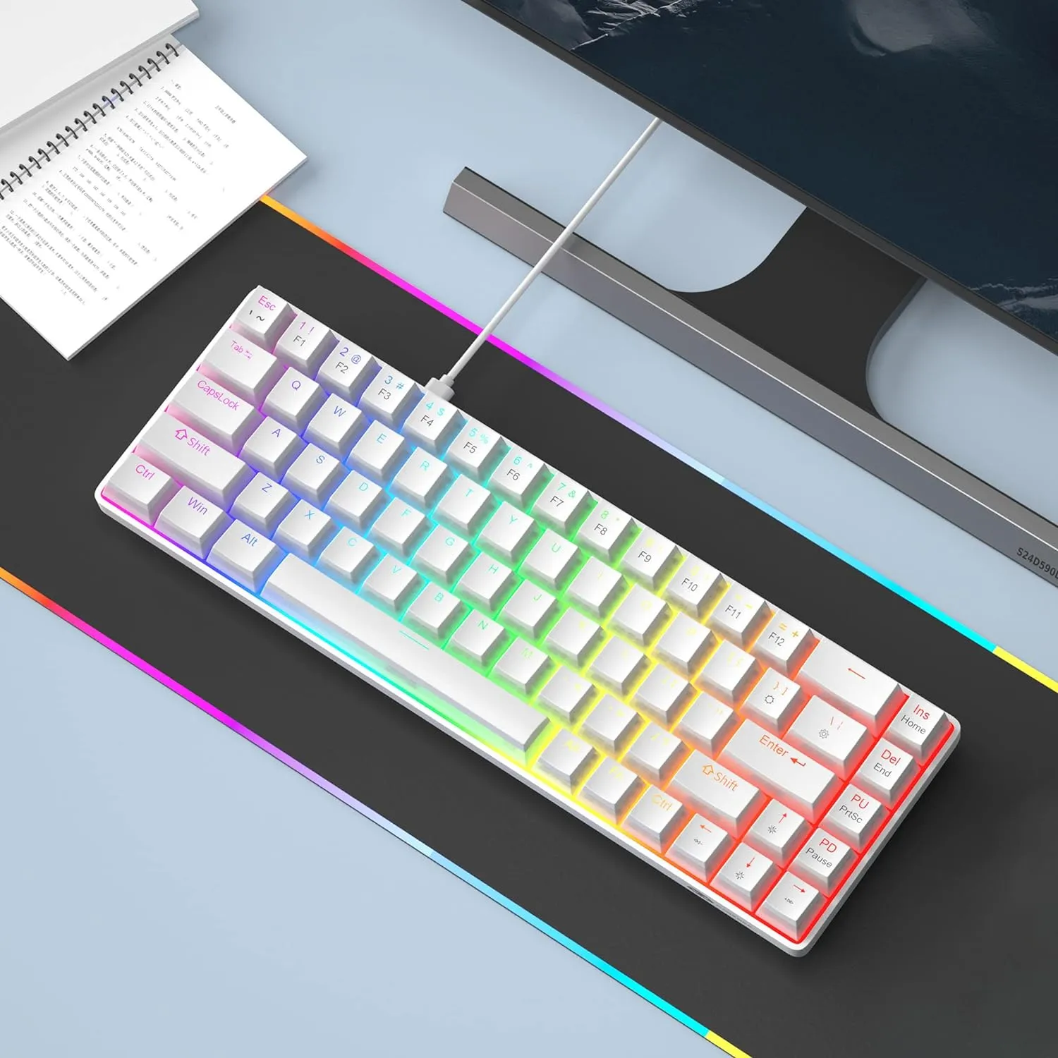 Portable Mechanical Gaming Keyboard LED Backlit Compact 68 Keyscaps