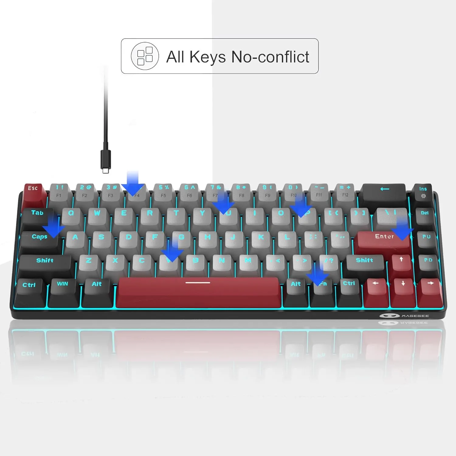 Portable Mechanical Gaming Keyboard LED Backlit Compact 68 Keyscaps