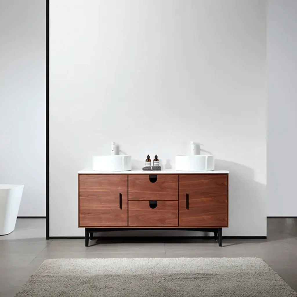 Portree 2 Drawers And 2 Doors Bathroom Vanity with Quartz top and Double Vessel Sinks - Floor Mount - 60" Wood/Walnut