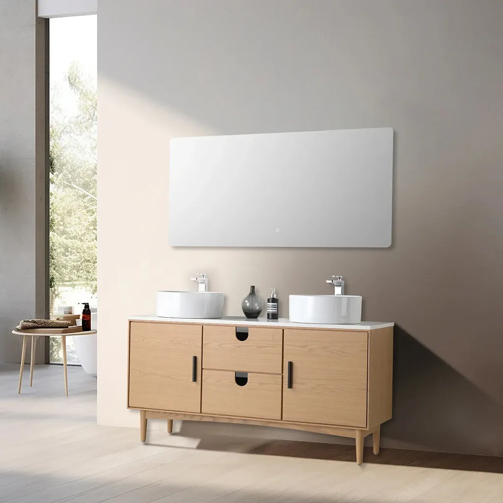 Portree 2 Drawers And 2 Doors Bathroom Vanity with Quartz Top and Double Vessel Sinks - Floor Mount - 60" Wood/Whitewash Oak