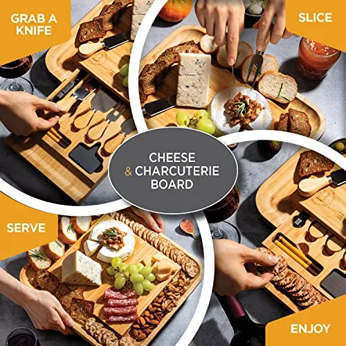Premium Bamboo Cheese Board Set - Large Charcuterie Boards & Cheese Board and Knife Set - Kitchen Wine Meat Cheese Platter - Unique Mothers Day Gift, Housewarming Gift, Anniversary or Wedding Gift