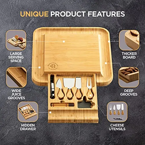 Premium Bamboo Cheese Board Set - Large Charcuterie Boards & Cheese Board and Knife Set - Kitchen Wine Meat Cheese Platter - Unique Mothers Day Gift, Housewarming Gift, Anniversary or Wedding Gift