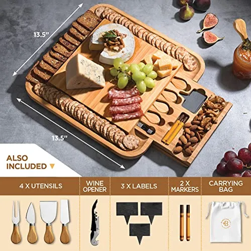Premium Bamboo Cheese Board Set - Large Charcuterie Boards & Cheese Board and Knife Set - Kitchen Wine Meat Cheese Platter - Unique Mothers Day Gift, Housewarming Gift, Anniversary or Wedding Gift