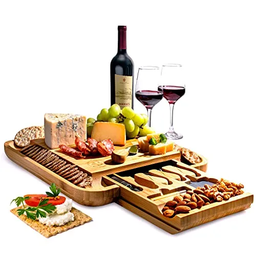 Premium Bamboo Cheese Board Set - Large Charcuterie Boards & Cheese Board and Knife Set - Kitchen Wine Meat Cheese Platter - Unique Mothers Day Gift, Housewarming Gift, Anniversary or Wedding Gift