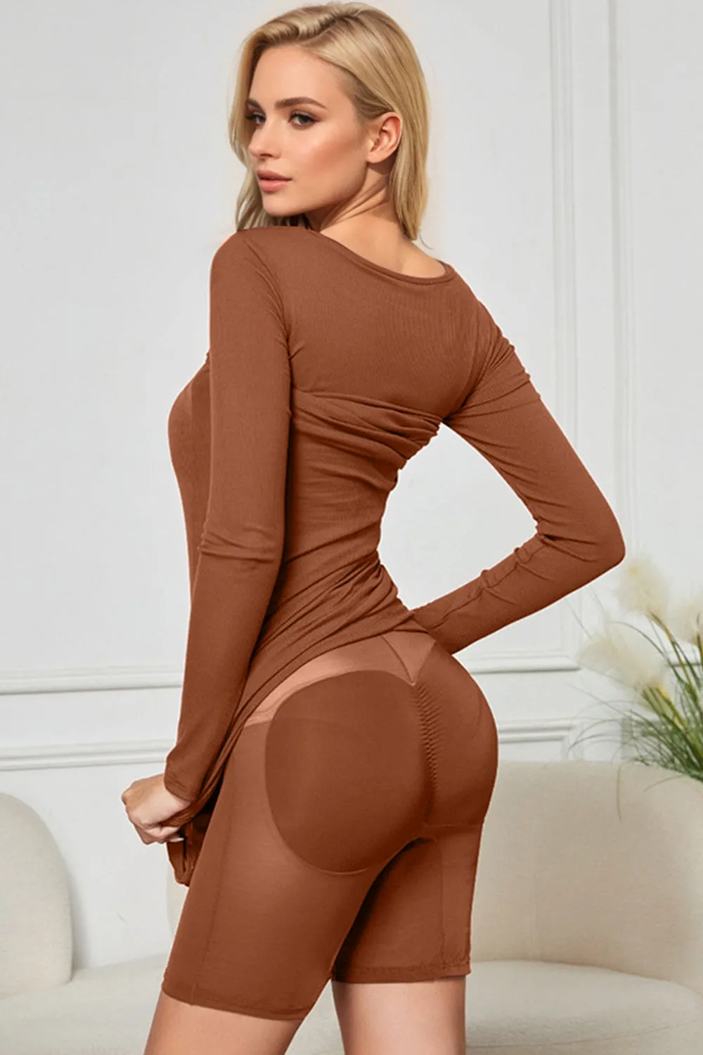PREORDER Built-In Shapewear Square Neck Long Sleeve Maxi Dress
