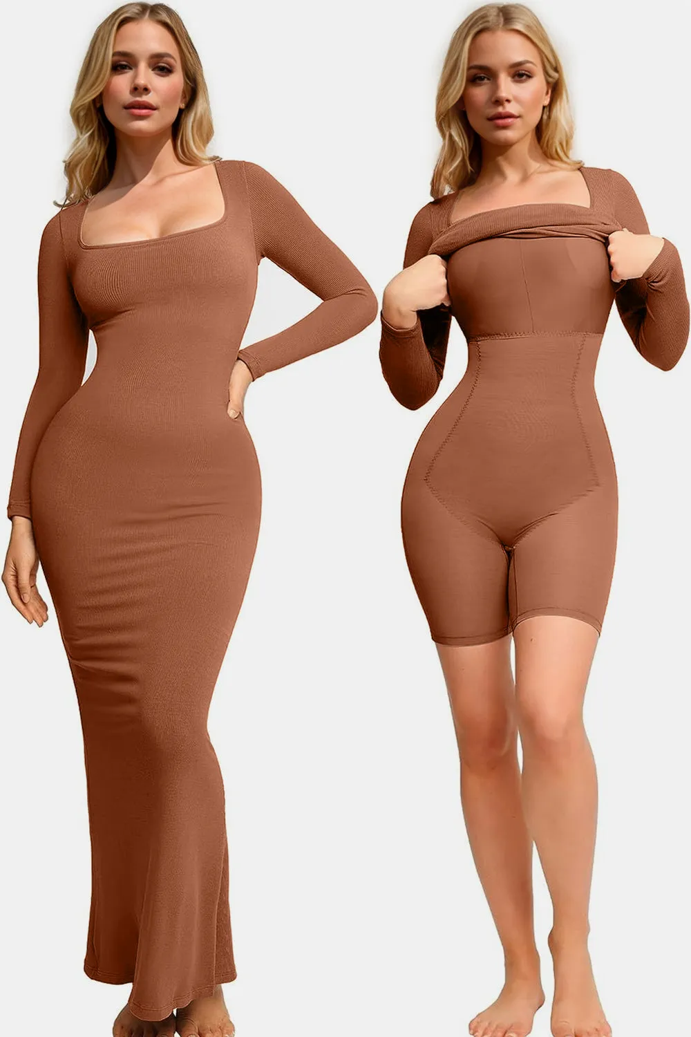 PREORDER Built-In Shapewear Square Neck Long Sleeve Maxi Dress