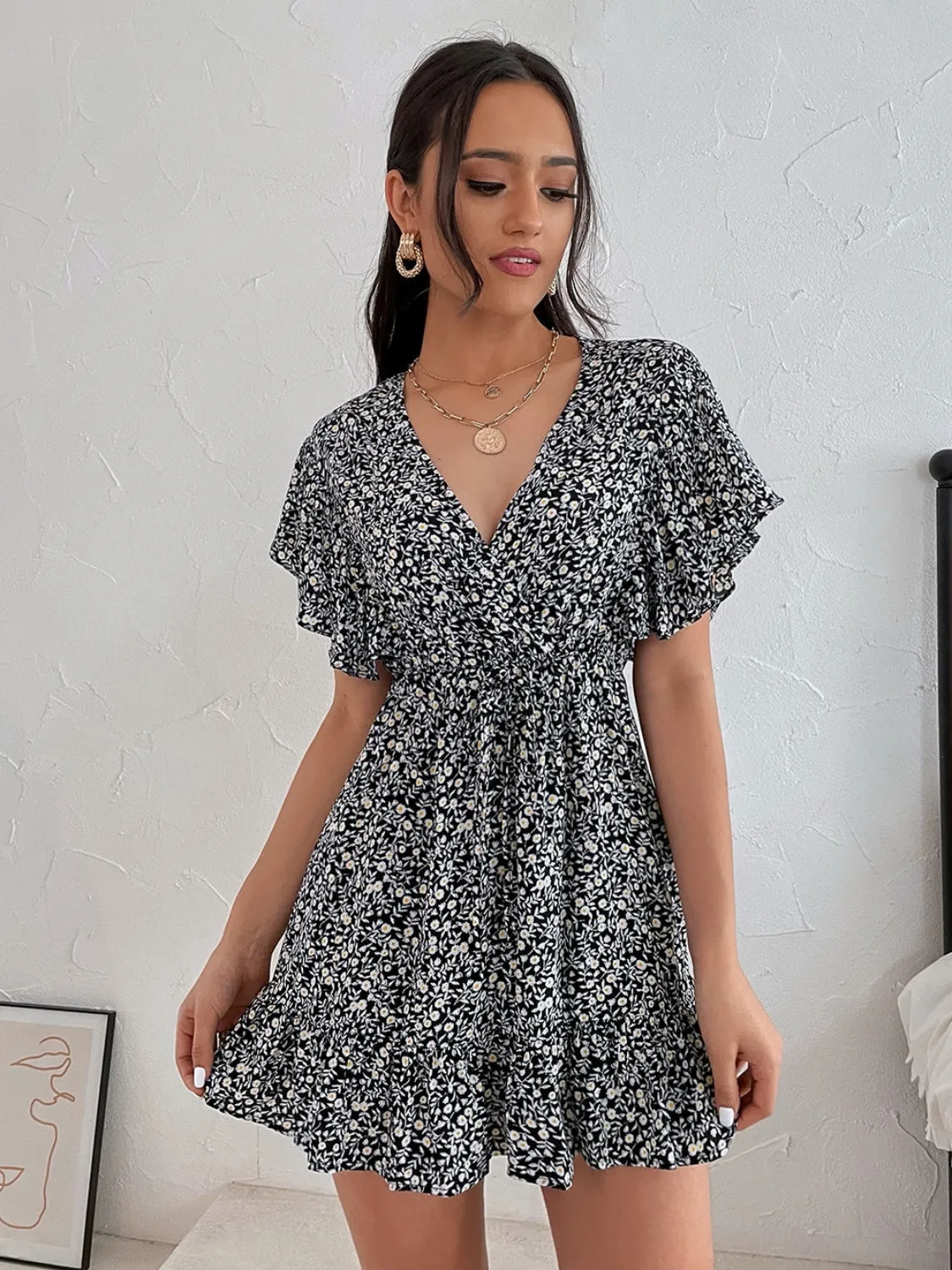 Preorder Cutout Ditsy Floral Surplice Flounce Sleeve Dress